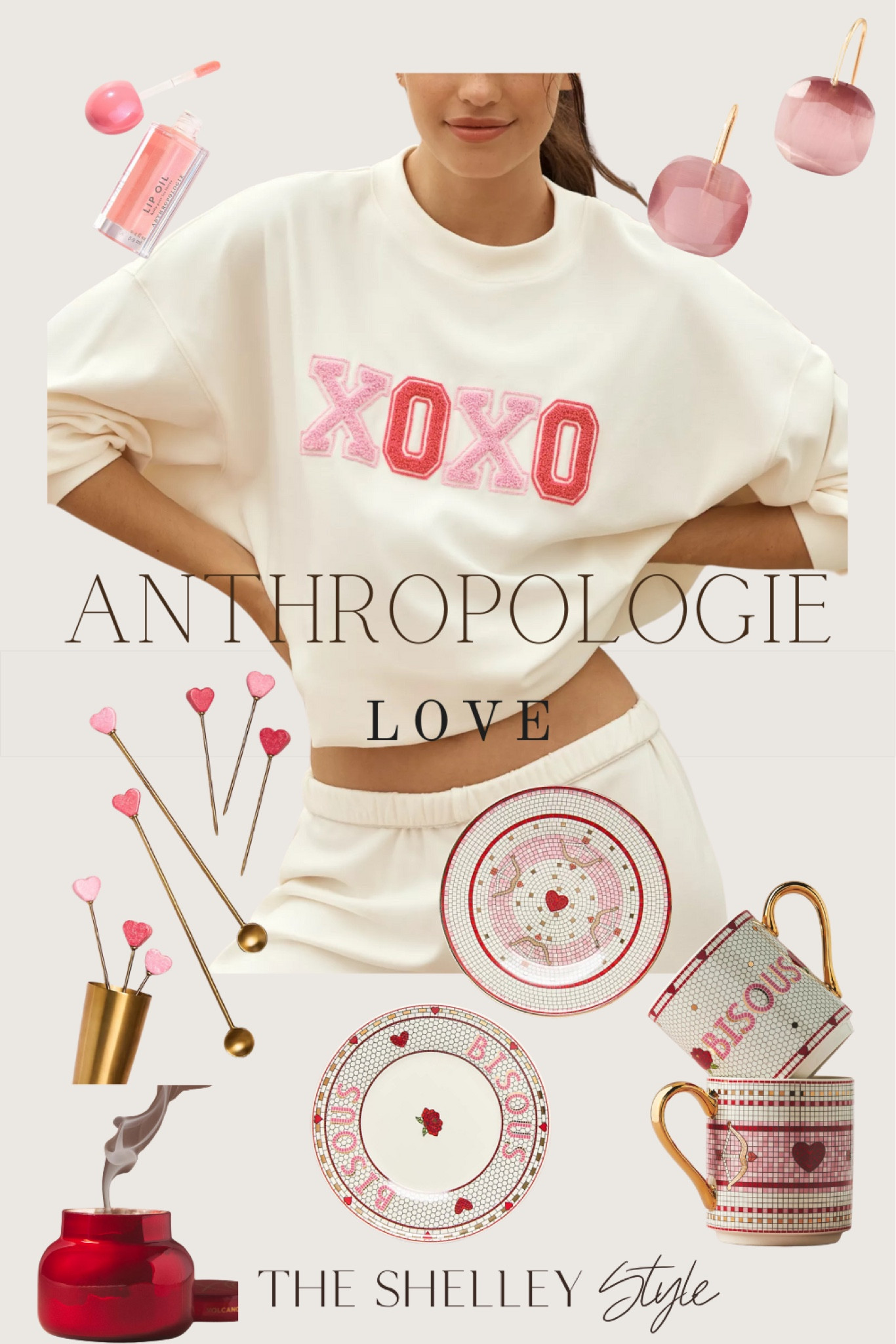 Anthropologie Valentine: Bistro Stoneware plates, Bistro Stoneware mug, Floating Crystal Earrings, Lip Oil, Capri Valentine jar candle, Piccolo heart cocktail picks, Beach Riot Devyn Sweatshirt.