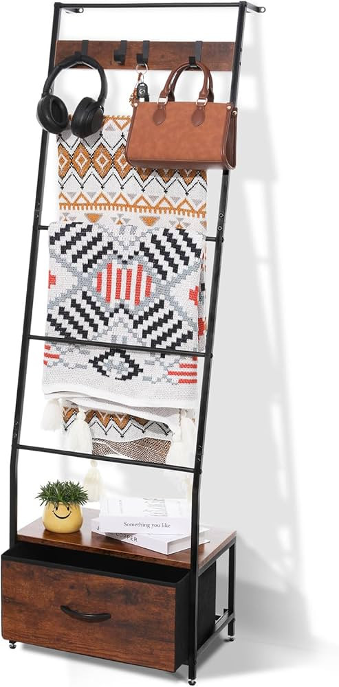 Metal Blanket Ladder with Storage Drawer, 5 Tier Rustic Blanket Rack with Hooks for Living Room, ... | Amazon (US)
