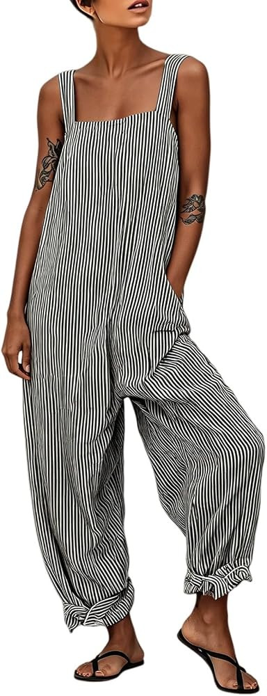 Jumpsuits for Women Dressy Striped Strap Sleeveless Square Neck Overalls Lounge Rompers Pockets C... | Amazon (US)