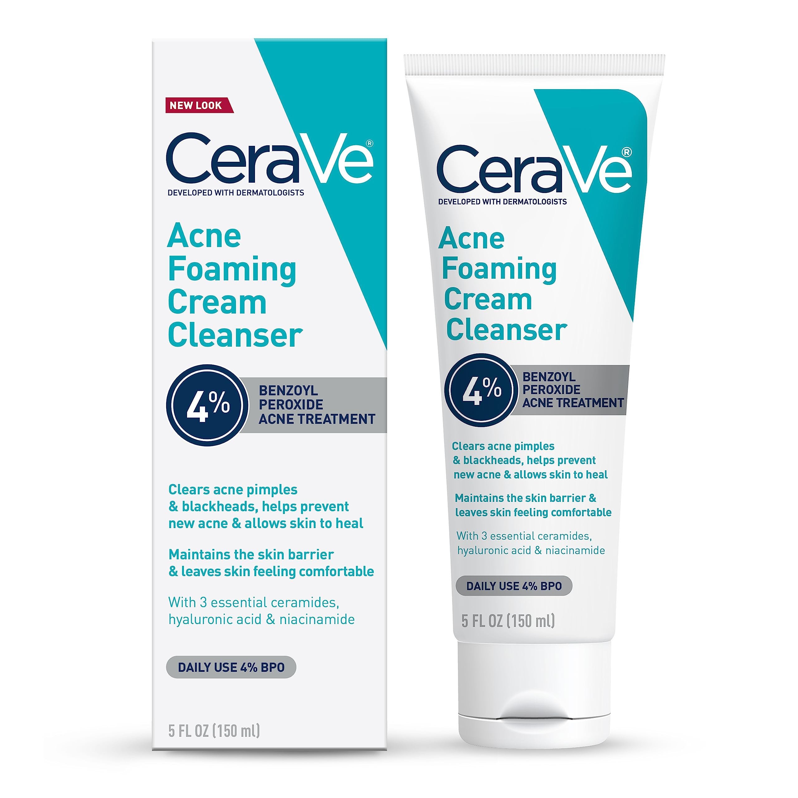 CeraVe Acne Foaming Cream Cleanser, 4% Benzoyl Peroxide Face Wash With Hyaluronic Acid, Niacinami... | Amazon (US)