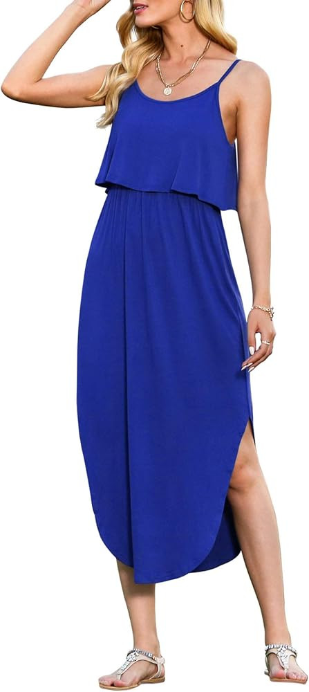 LILBETTER Women's Adjustable Strappy Split Summer Beach Casual Midi Dress | Amazon (US)