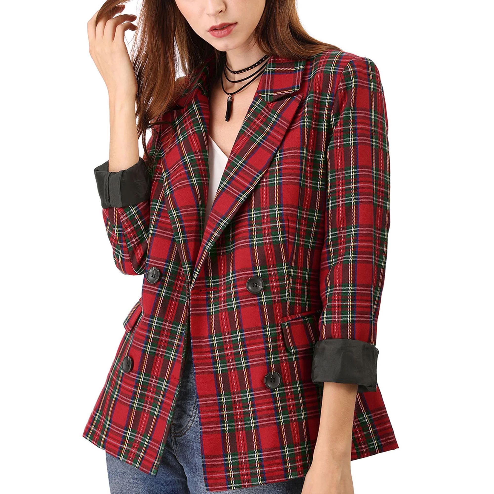 Unique Bargains Juniors Notched Lapel Double Breasted Padded Shoulder Plaid Blazer | Walmart (US)