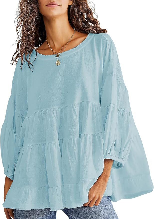 Bankeng Women's Babydoll Shirts 3/4 Lantern Sleeve Peplum Tops Crewneck Loose Fit Oversized Round... | Amazon (US)