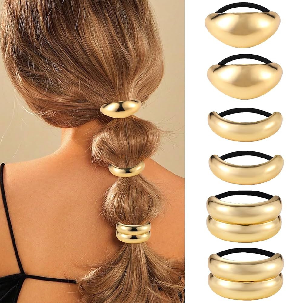papasgix 6 PCS Metal Hair Tie, Gold and Silver Hair Cuffs, Ponytail Cuff with Elastic Ties, and H... | Amazon (US)