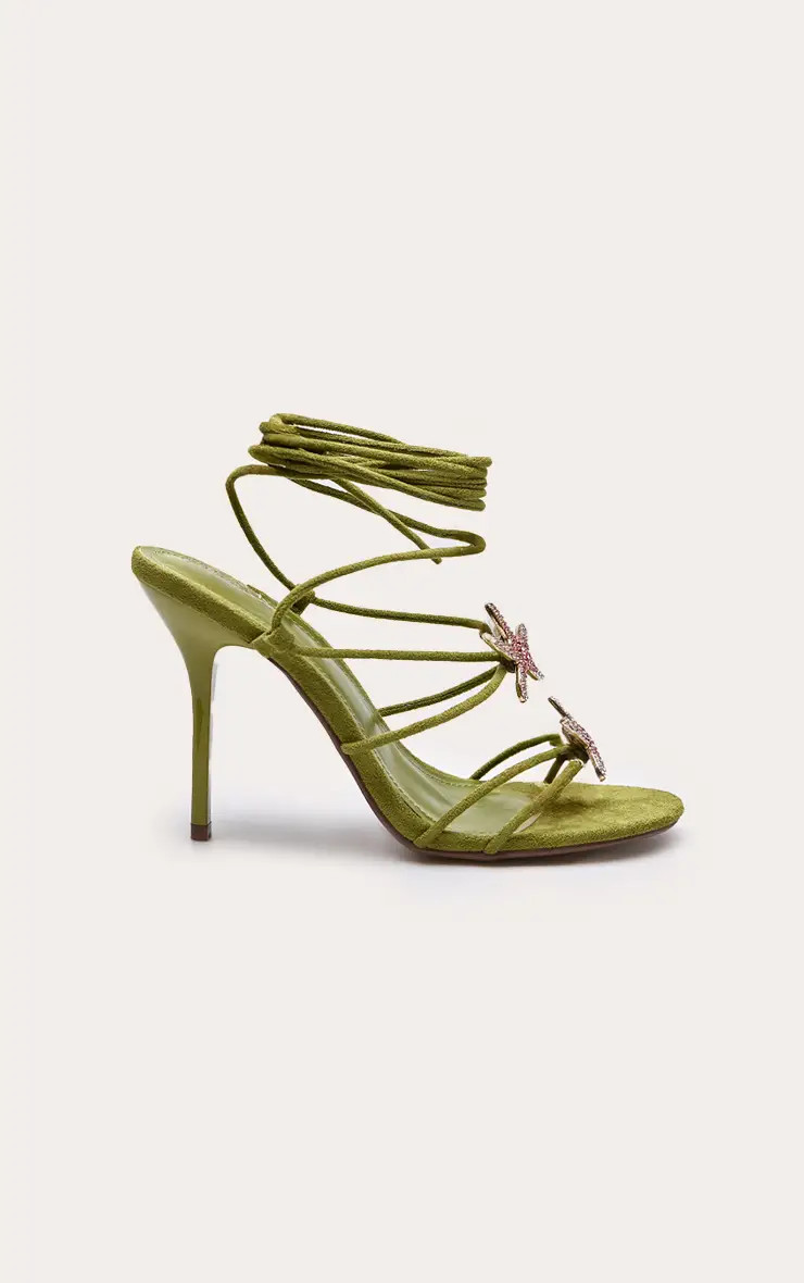 Olive Faux Suede Star Fish Trim Lace Up Heeled Sandals | PrettyLittleThing UK