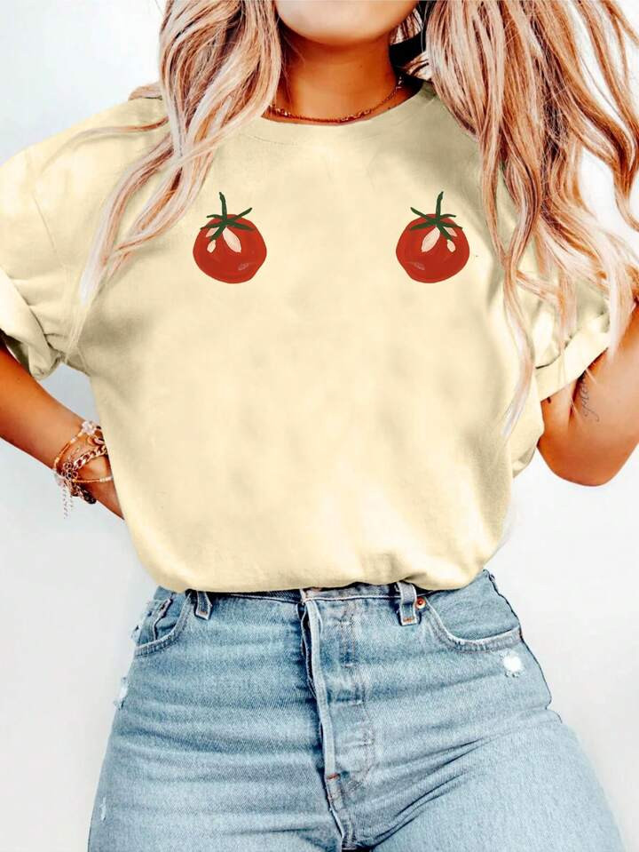 Two Tomatoes Graphic Print T-Shirt, Short Sleeve Round Neck Casual Women's Top For Summer And Spr... | SHEIN