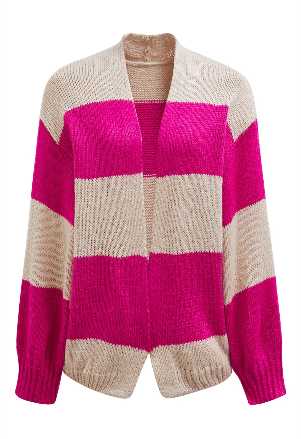 Striped Color Block Open Front Knit Cardigan in Hot Pink | Chicwish
