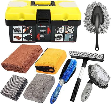 Mofeez 9pcs Car Cleaning Tools Kit Include Tire Brush, Wheel Brush, Wash Mitt Sponge, Big Microfi... | Amazon (US)