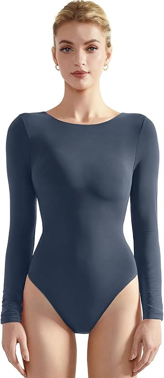 SUUKSESS Women Crew Neck Long Sleeve Bodysuit Sexy Thong Bodysuit Shirts | Amazon (US)