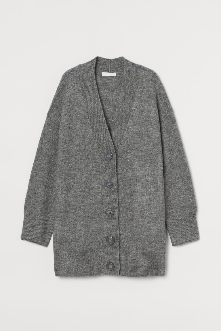 Oversized cardigan in soft, fine-knit fabric with wool content. V-neck, buttons at front, dropped... | H&M (US + CA)
