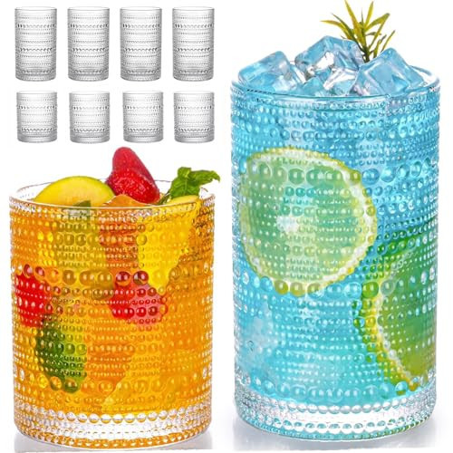 Hobnail Drinking Glasses Set of 8, 12 oz Highball Glasses & 10 oz Cocktail Glasses, Embossed Vintage Kitchen Glassware, Dishwasher Safe Glasses Drinking Set for Whiskey, Juice, Cocktails, Beer | Amazon (US)
