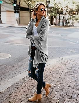 CHERFLY Women's Chunky Knit Sweater Casual Open Front Cardigan Wrap Batwing Sleeve Outwear (Light... | Amazon (US)
