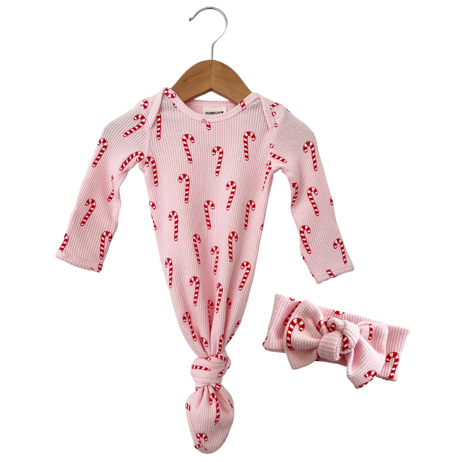 Organic Waffle Knotted Gown & Bow Set, Pink Candy Cane | SpearmintLOVE
