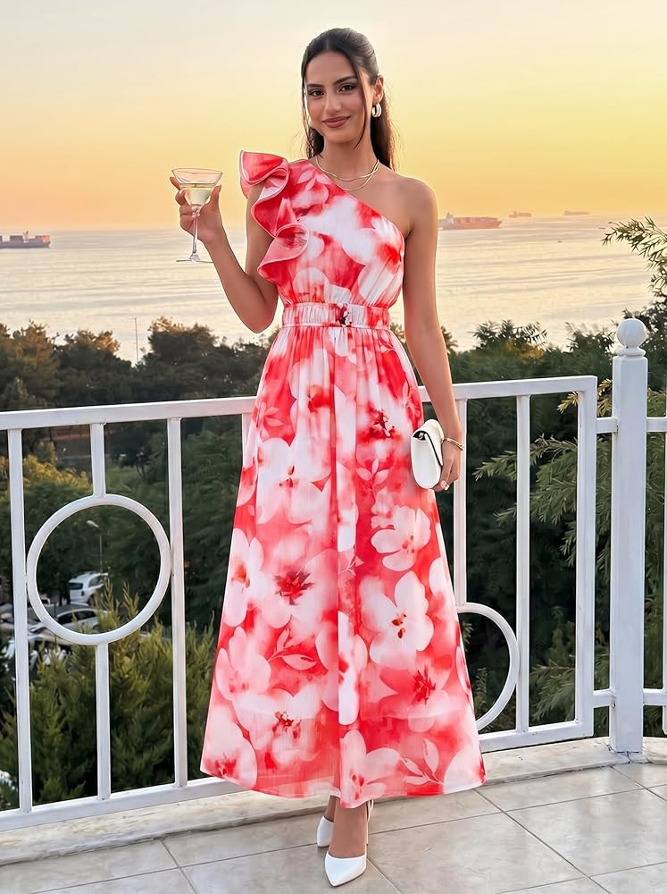 ZESICA Women's 2026 Summer Floral Sleeveless Maxi Dress Ruffle One Shoulder High Waist Boho Beach... | Amazon (US)
