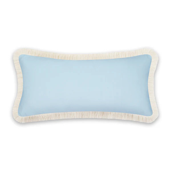 Coastal Indoor Outdoor Long Lumbar Pillow Cover, Solid with Fringe, Baby Blue, 12"x26" | Hofdeco