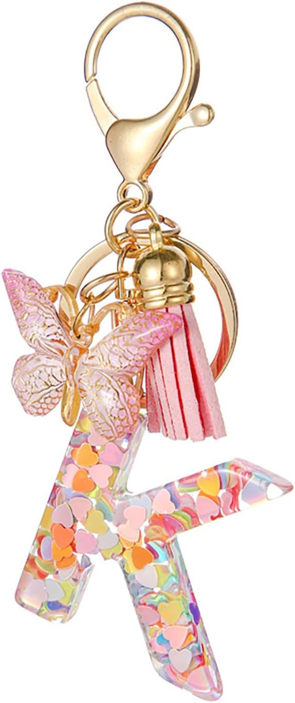 Cute Initial Letter Keychains for Women Girls Tassel Butterfly Pink Purple Green Keychain for Bac... | Amazon (US)