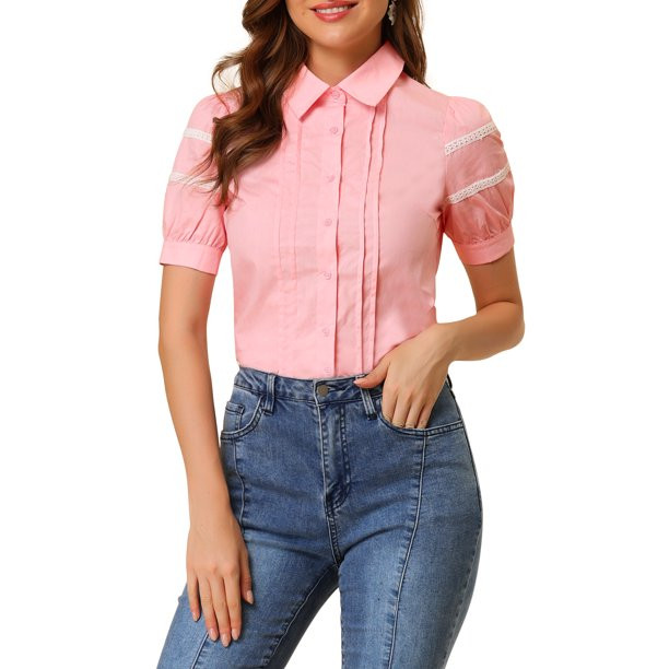 Allegra K Women's Collar Shirts Short Sleeve Pleated Front Button Up Shirt | Walmart (US)