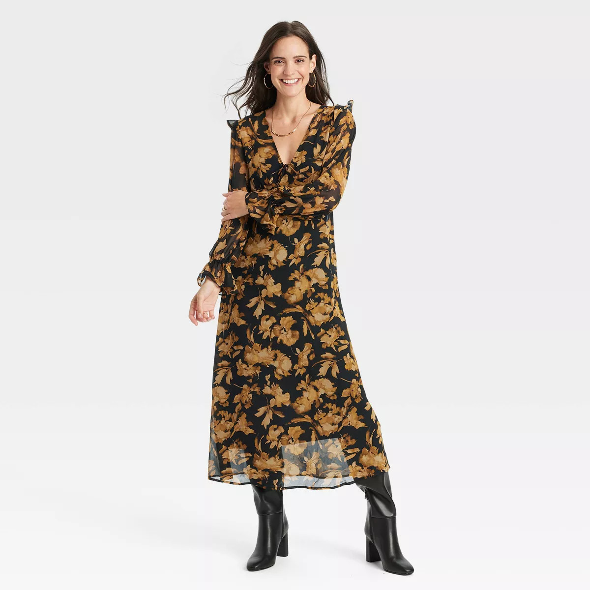 Women's Long Sleeve Sheer Maxi Dress - A New Day™ Black/Brown Floral S | Target