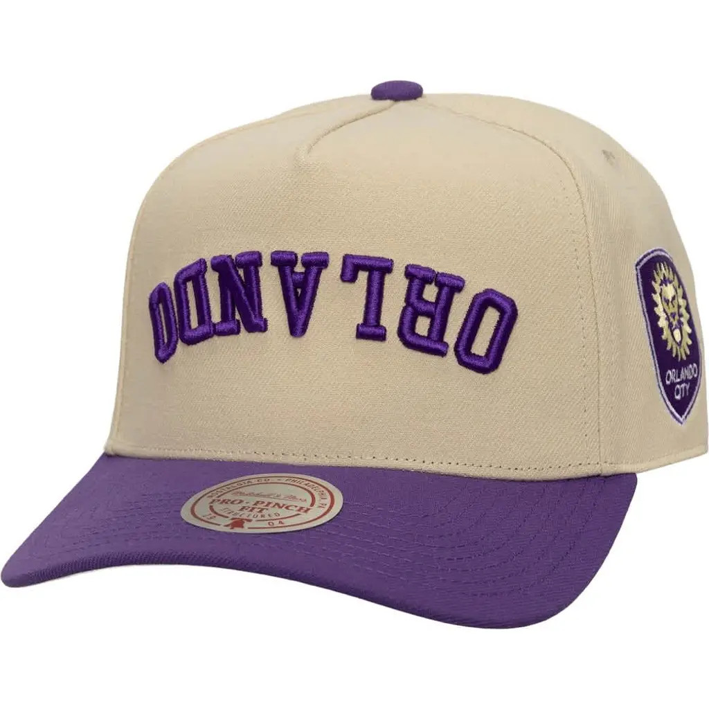 Men's Mitchell & Ness Cream/Purple Orlando City SC Upside Down Pro Pinch Snapback Hat at Nordstrom | Nordstrom