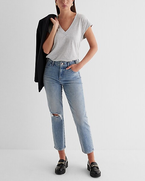 High Waisted Light Wash Ripped Straight Ankle Jeans | Express