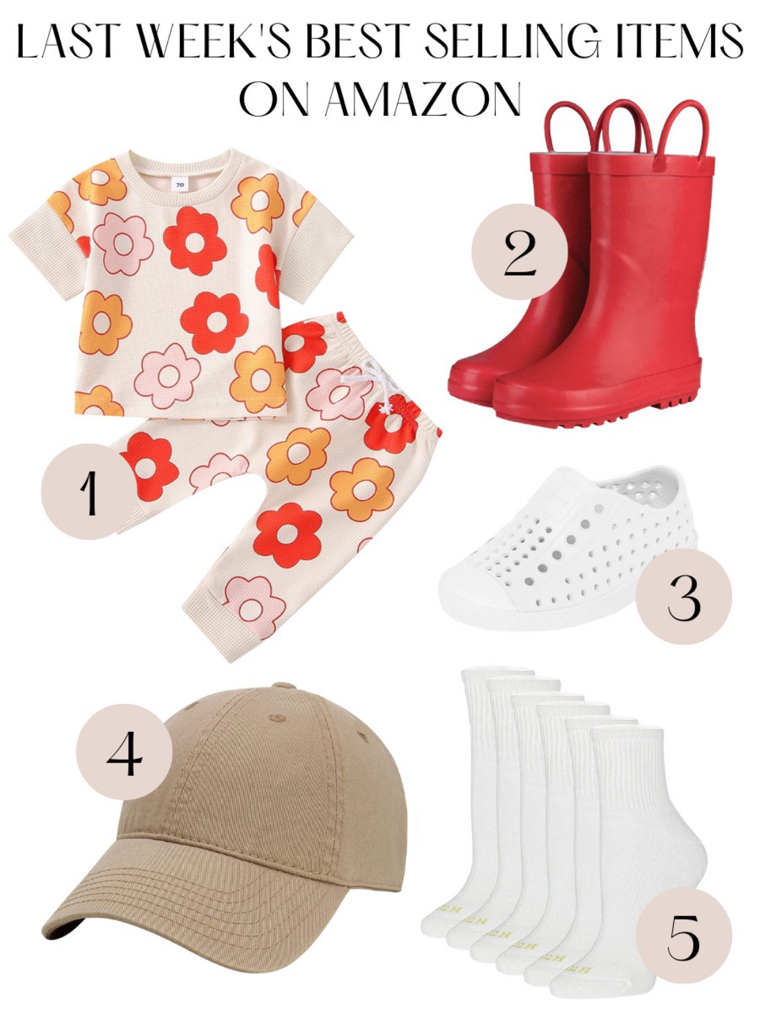 Amazon best sellers ✨

Floral toddler set outfit, red rain boots, white toddler shoes, tan baseball hat, white crew socks 

#LTKkids #LTKsalealert #LTKshoecrush