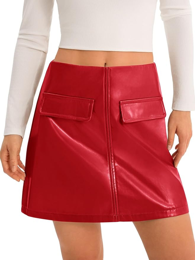 Yousify Womens Faux Leather Mini Skirts High Waisted A-Line Fall Short Skirt with Pockets | Amazon (US)