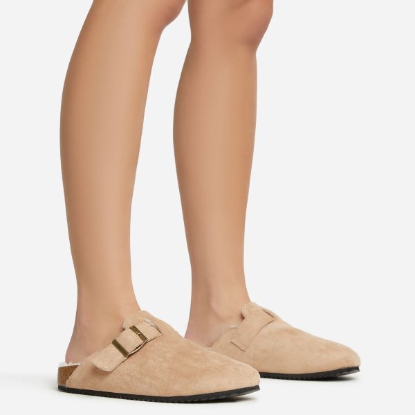 Stare Buckle Detail Slip On Flat Mule In Taupe Faux Suede | Ego Shoes (UK)