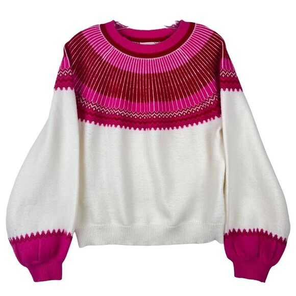 HYACINTH HOUSE Hot Pink Fair Isle Crew Neck Sweater Balloon Sleeve Size Medium | Poshmark