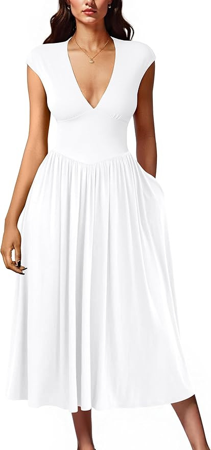YMDUCH Women's Casual Deep V Neck Cap Sleeve Back Tie A-Line Swing Midi Dress with Pockets | Amazon (US)
