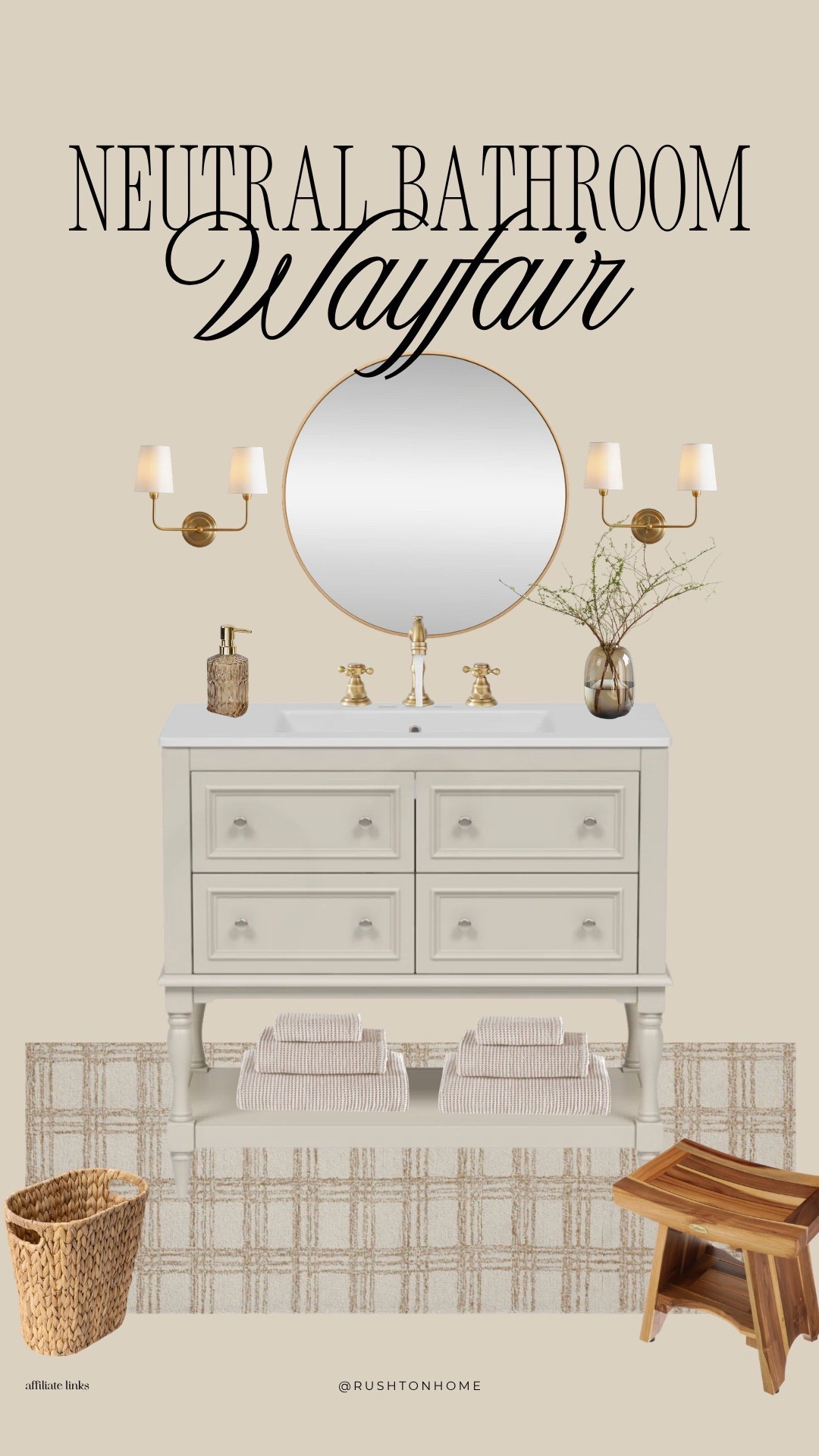 Neutral bathroom decor, wayfair bathroom vanity, modern farmhouse bathroom, brass bathroom fixtures, round mirror bathroom, bathroom wall sconces, neutral bath rug, bathroom styling ideas, woven laundry basket, wood shower stool, minimalist bathroom decor, organic modern bathroom, warm neutral bathroom design, bathroom countertop styling 

 #LTKHome

#LTKmomlife #LTKSaleAlert #LTKHome