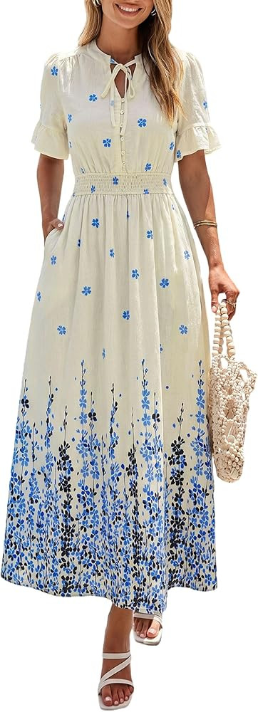 PRETTYGARDEN Women's Boho Floral Maxi Dress Summer 2026 Short Sleeve Tie V Neck Spring Wedding Gu... | Amazon (US)