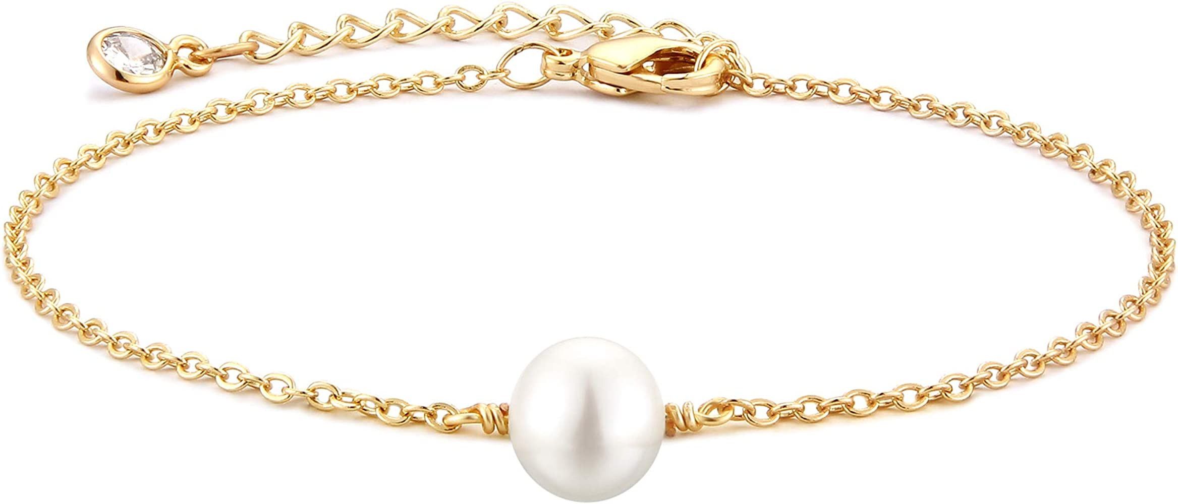 MEVECCO Gold Tiny Pearl Bracelet,14K Gold Plated Cute Beaded Freshwater Cultured Pearls Tiny Char... | Amazon (US)