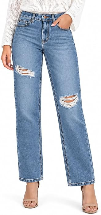 Women's Mid Rise Straight Wide Leg Distressed Jeans | Amazon (US)