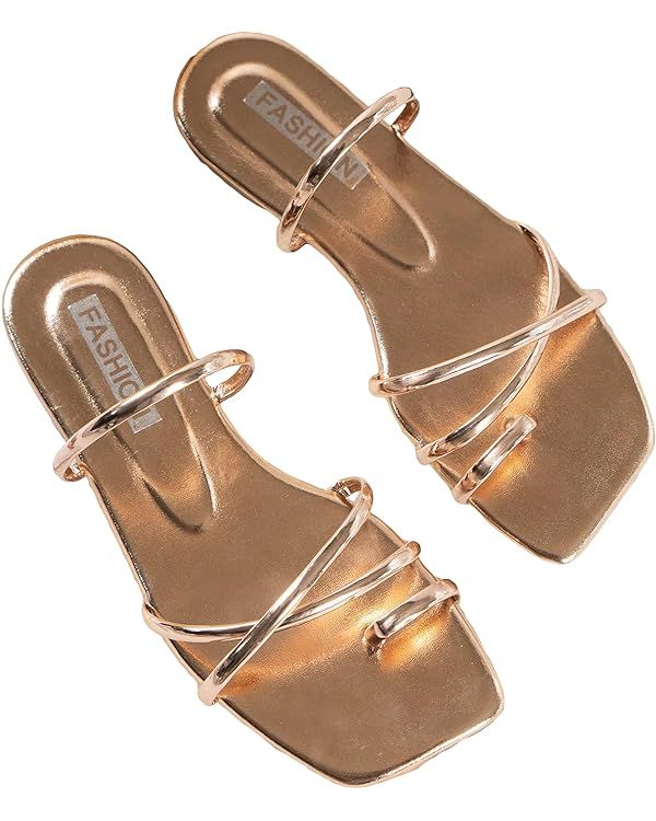 GORGLITTER Women's Metallic Sparkly Strappy Flat Sandals Cute Dressy Open Toe Slip on Slide Sanda... | Amazon (US)