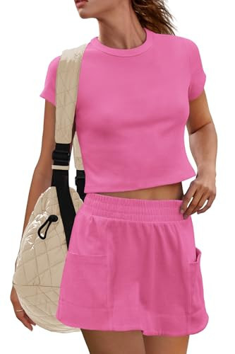Panadila Womens Skort Sets 2 Piece Outfits Ribbed Short Sleeve Tops and Skirt with Shorts Underneath Summer Lounge Set (Pink,XS) | Amazon (US)