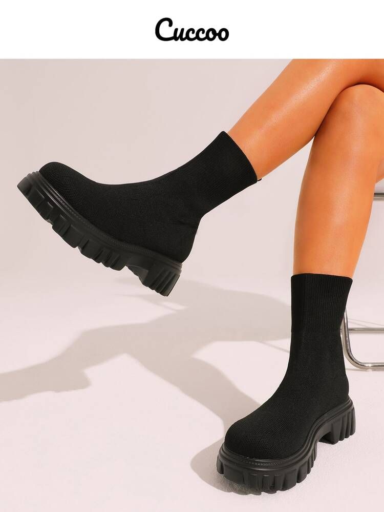 Cuccoo Minimalist Knit Platform Sock Boots | SHEIN