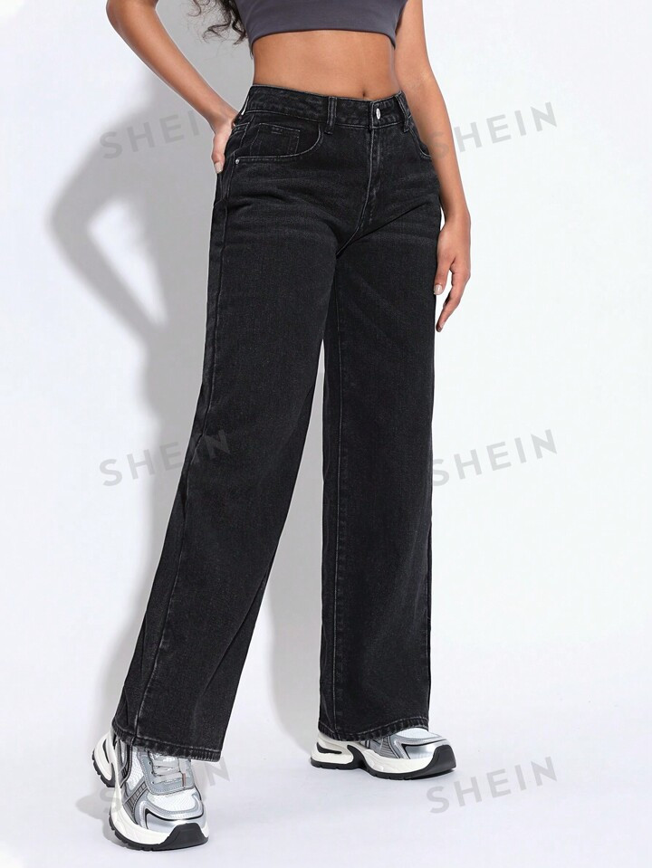 SHEIN PETITE Women's Loose-Fit Wide Leg Casual Denim Pants With Pockets | SHEIN
