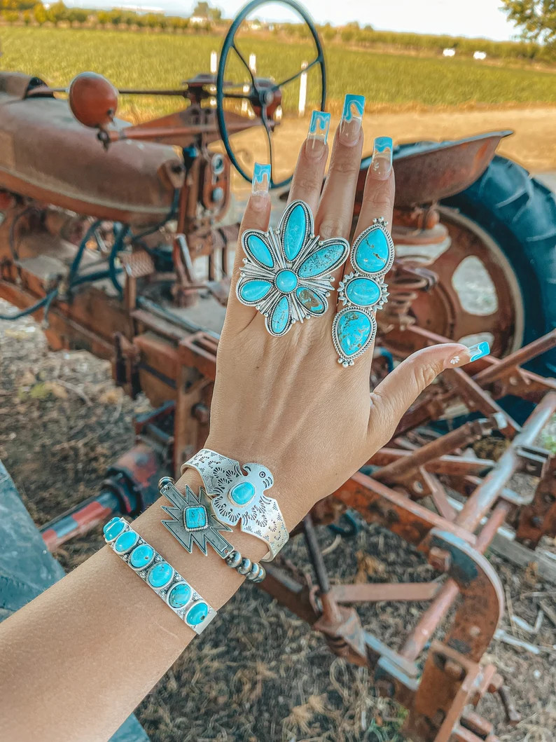 Western Womens Faux Turquoise Colored Adjustable Rings | Etsy (US)