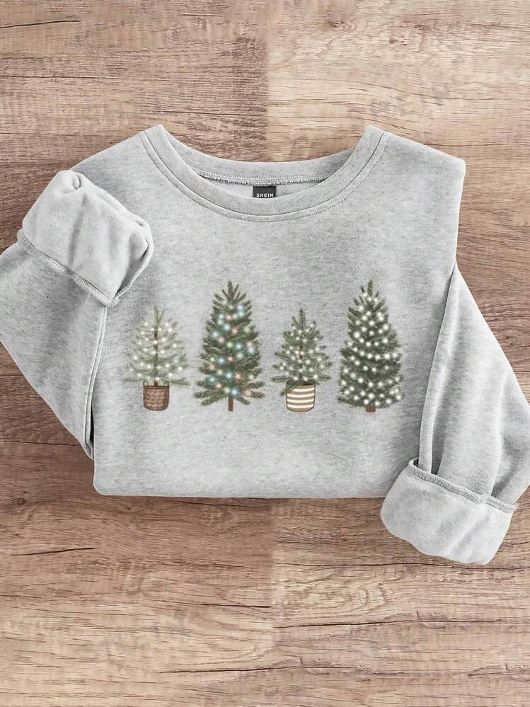 SHEIN EZwear Rainbow Lamp Planter & Christmas Tree & Text Graphic Printed Loose Casual Crew Neck ... | SHEIN