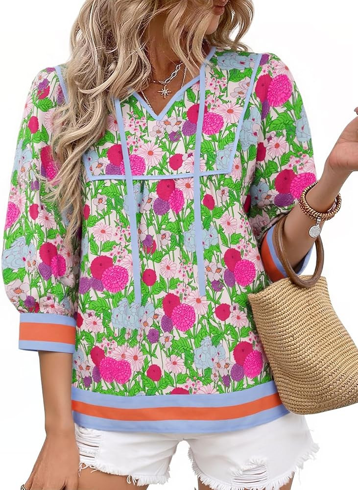 Cicy Bell Womens Floral Print Babydoll Blouse V Neck 3/4 Sleeve Peplum Tops Casual Loose Fit Boho... | Amazon (US)