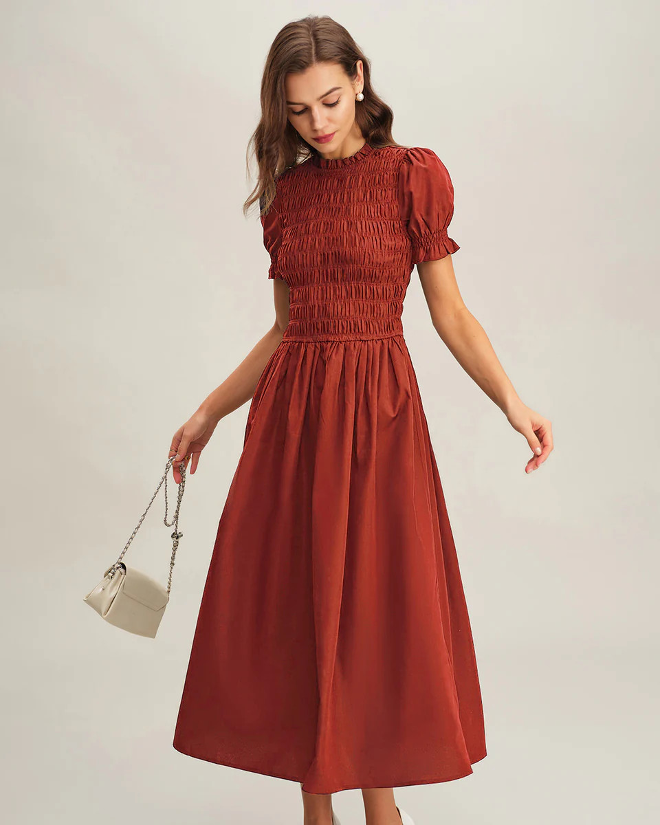 Red Puffed Sleeve Shirred A-Line Midi Dress | rihoas.com