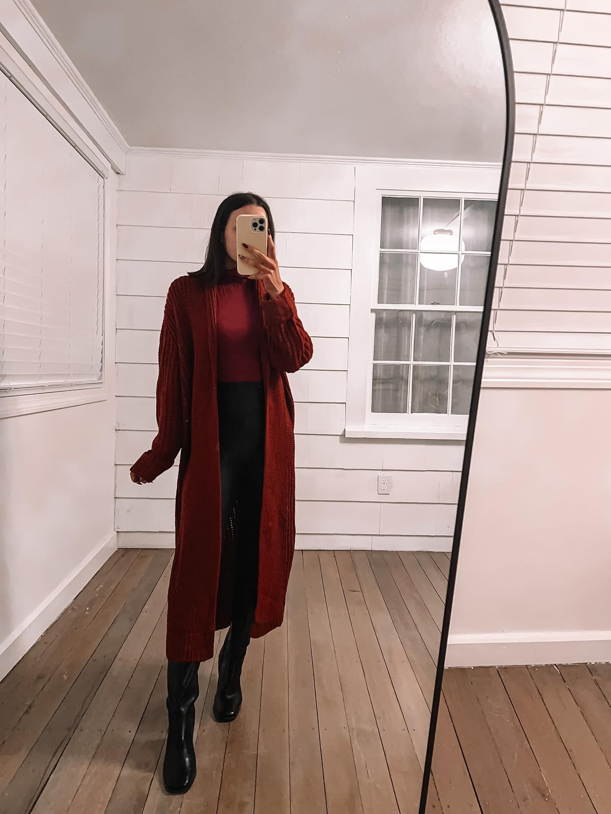 Christmas outfit-leggings in XS, boots true to size, sweater and top in S. 
 

 #LTKHoliday #LTKPetite #LTKFindsUnder100