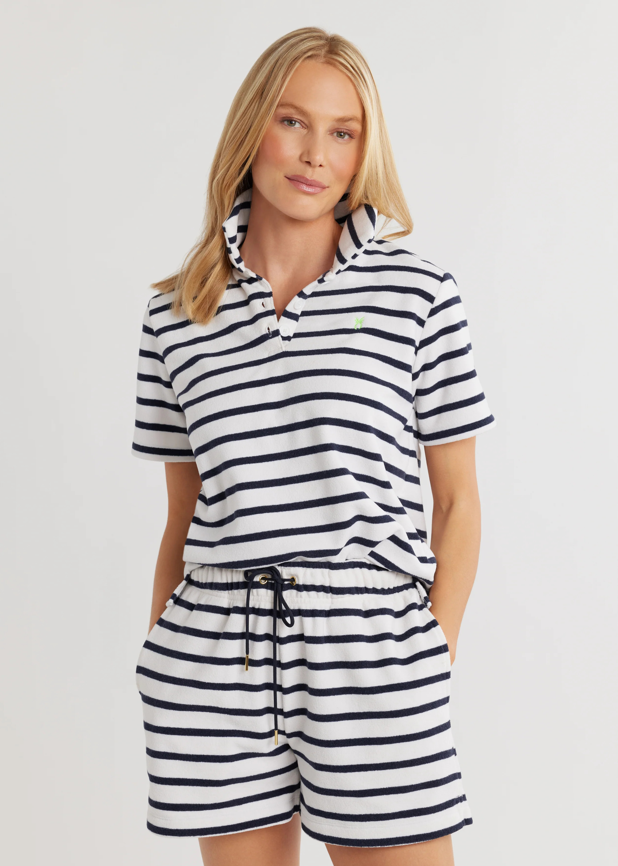 Kit Polo in Terry Fleece (Navy/White Mariner Stripe) | Dudley Stephens