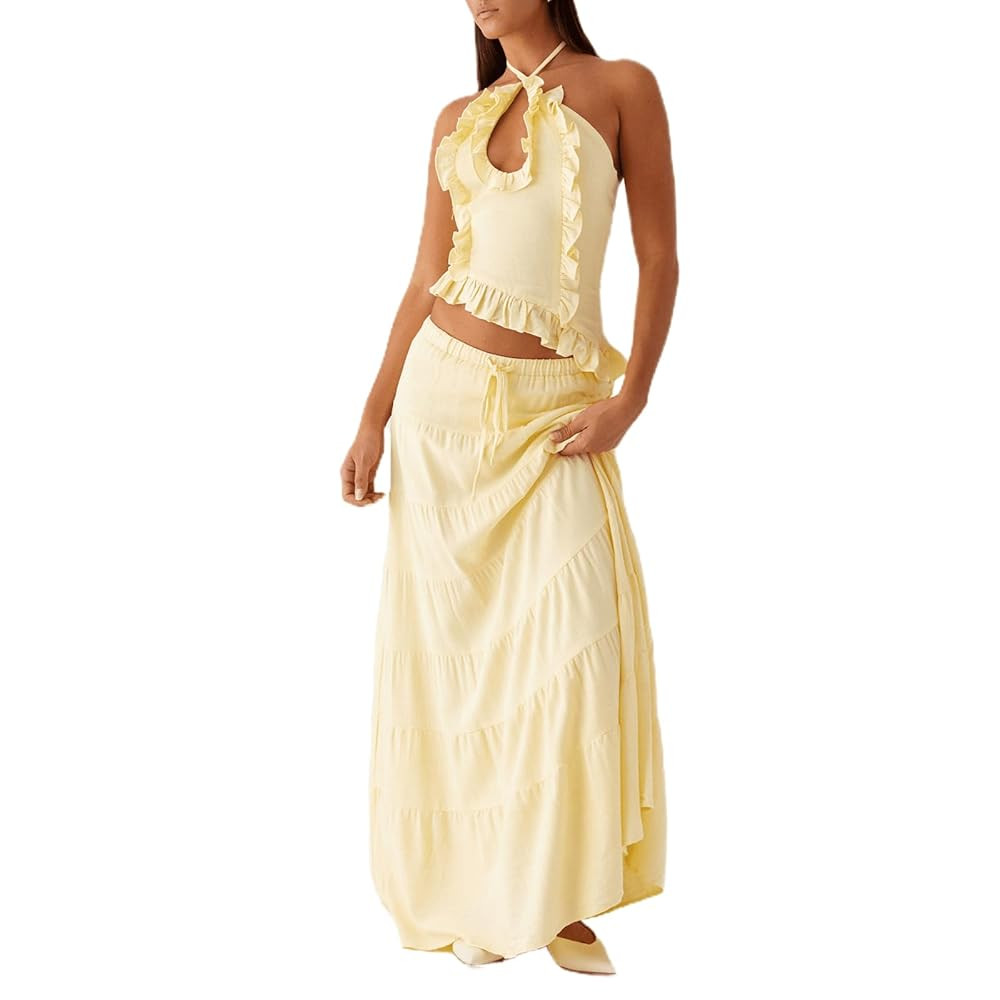 Womens 2 Piece Maxi Skirt Set Y2k Halter Ruched Cami Top Tiered Flowy Ruffle Skirt 2025 Summer Be... | Amazon (US)