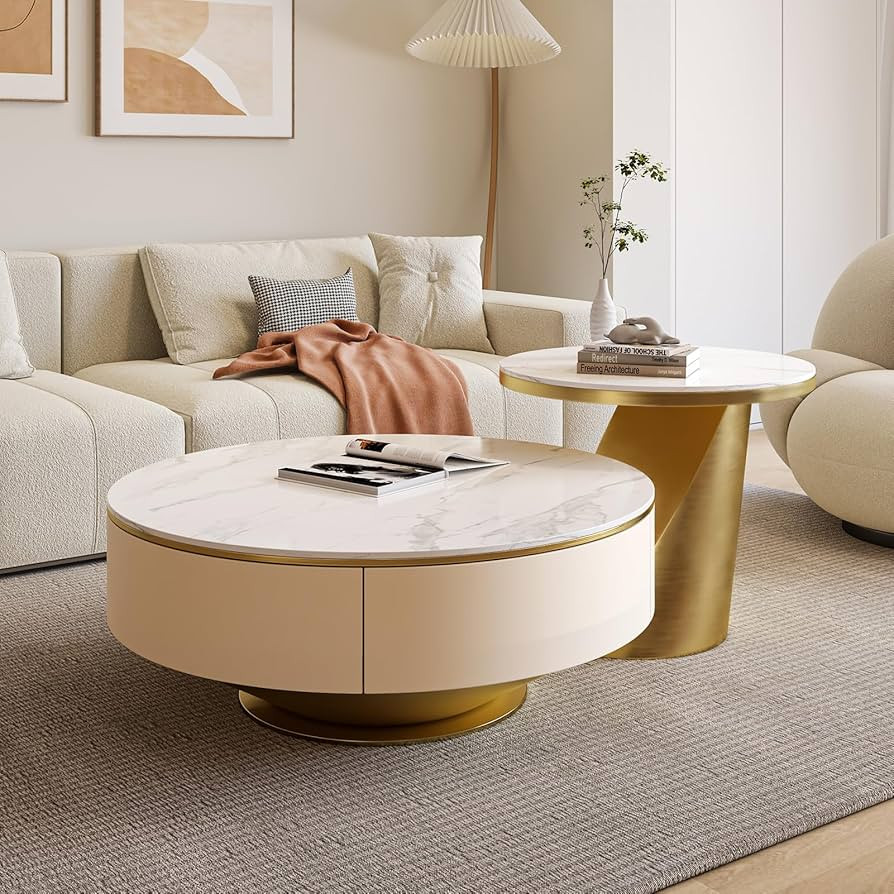 Luxury Nesting Coffee Table with 2 Hidden Storage Drawers, Fully Assembled Round Center Table for... | Amazon (US)