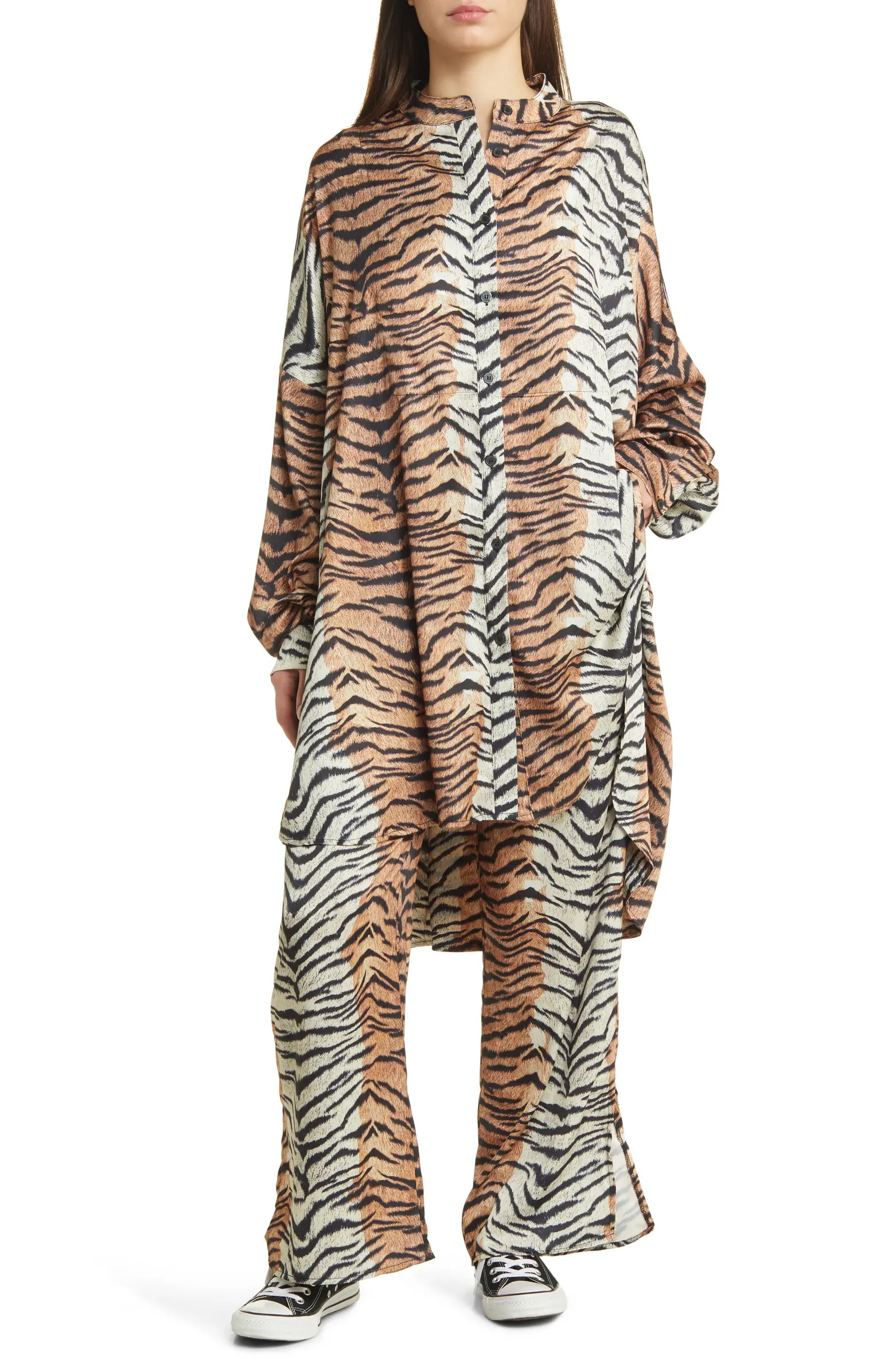 Tiger Stripes Oversize Button-Up Satin Shirt & High Waist Crop Pants | Nordstrom