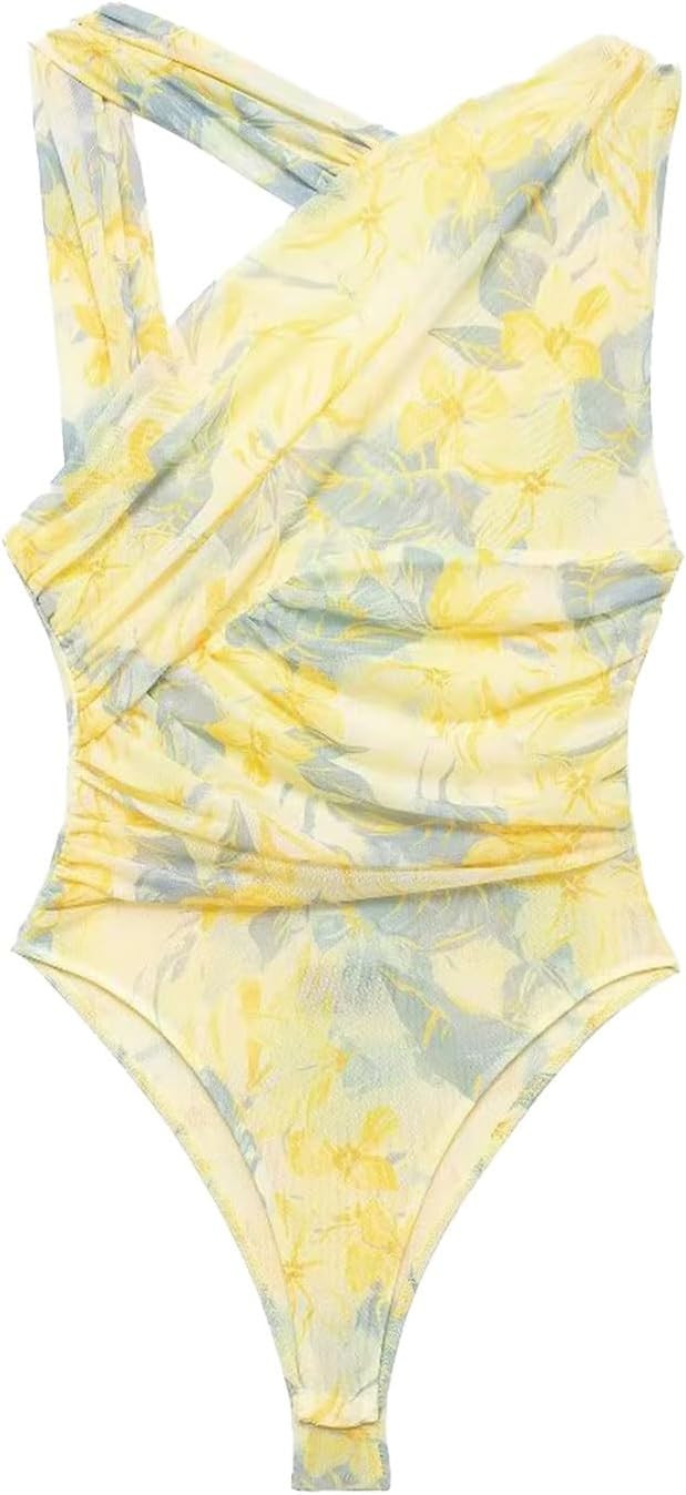 Combinaison asymétrique en mousseline de soie à volants pour femme - Imprimé floral - Combinaison en maille de soie décorée de tourbe noire pour fête de sport 2025 printemps 2025 | Amazon (FR)