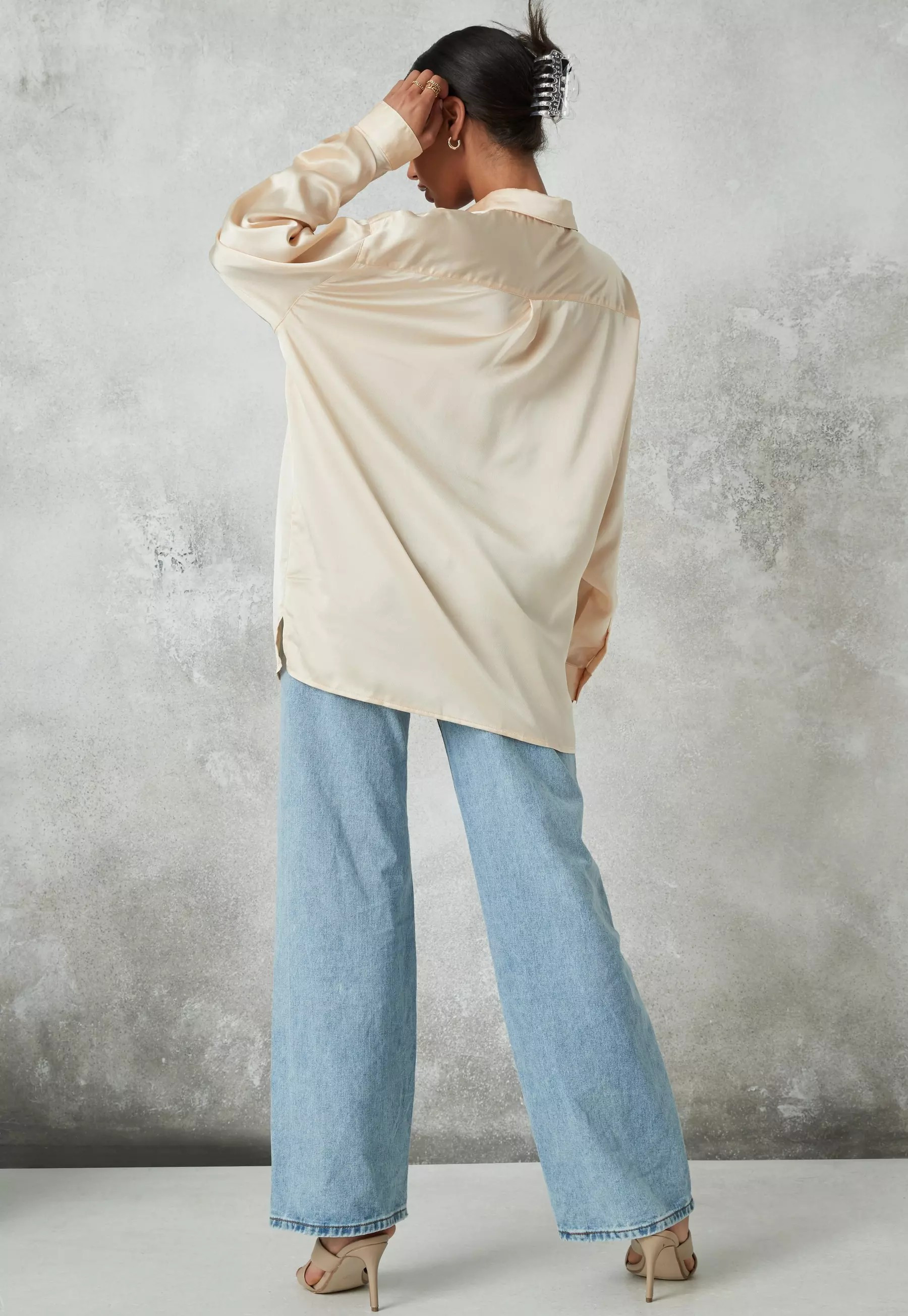 Missguided - Nude Extreme Oversized Satin Shirt | Missguided (US & CA)