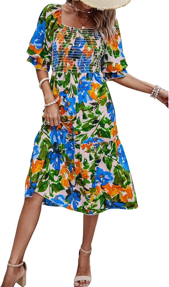 PRETTYGARDEN Women's Summer Casual Dresses 2026 Spring Puff Sleeve Square Neck A Line Flowy Boho ... | Amazon (US)