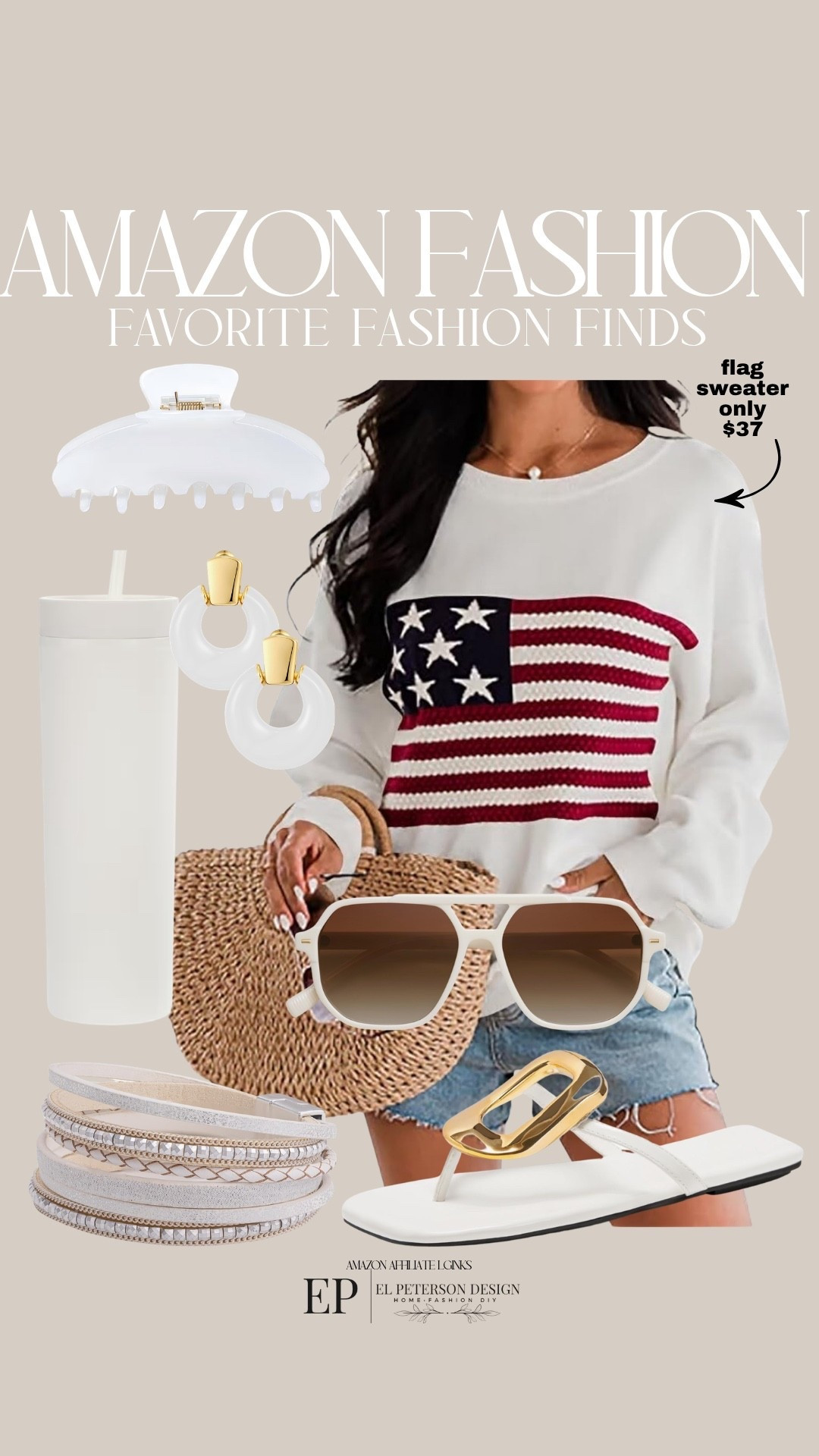 Amazon
Sweater
Earrings
Claw clip
Tumbler
Sunglasses
Sandals
Bracelet